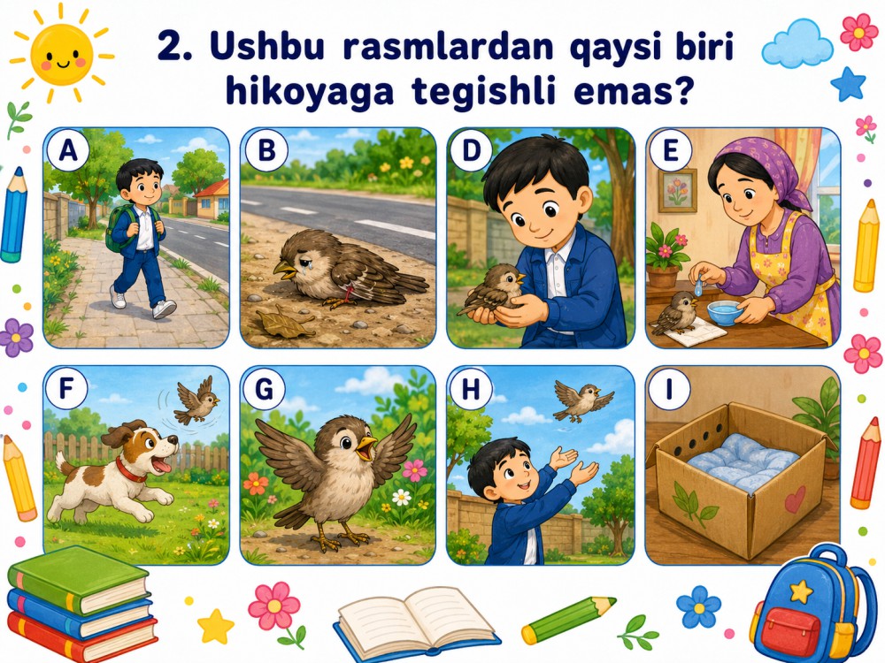Qushcha va bolakay — rasmli topshiriq